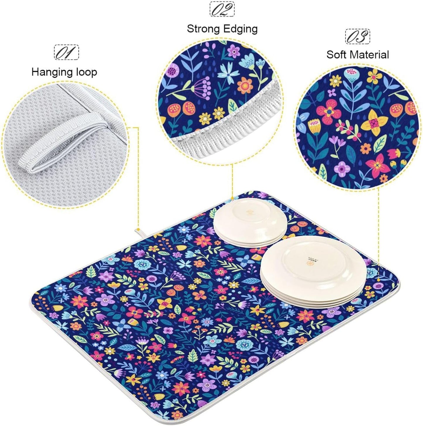 Cute Floral Flowers Dish Drying Mat for Kitchen Counter Absorbent Microfiber Drying Pad, Large 18x24 in, Reversible Drainer Mats