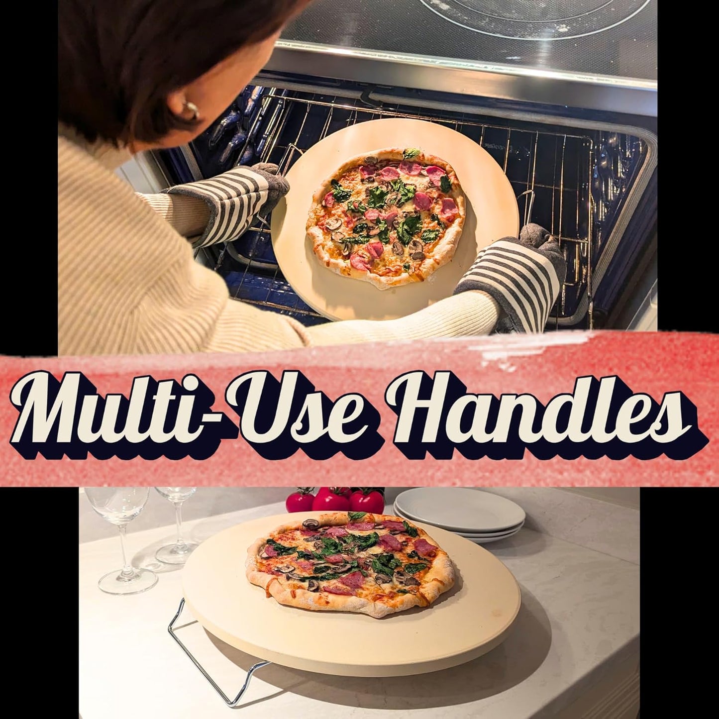 Round Pizza Stone for Oven 16 inch - Large Pizza Stone with Handles, Metal Pizza Peel, Pizza Cutter and Dough Tool - Baking Stone for Oven Bread - Thick Heavy Duty Cordierite Baking Stones