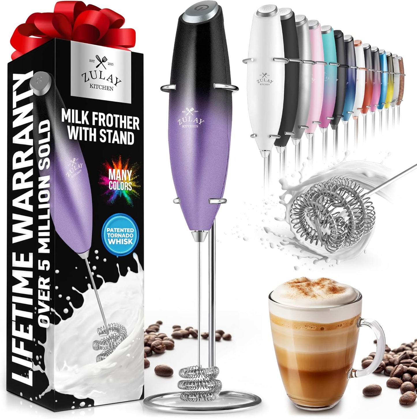 Zulay Kitchen Milk Frother with Patented Tornado Triple Whisk – Handheld Foam Maker for Coffee, Lattes, Matcha & Hot Chocolate – Rich, Creamy Froth in Seconds -