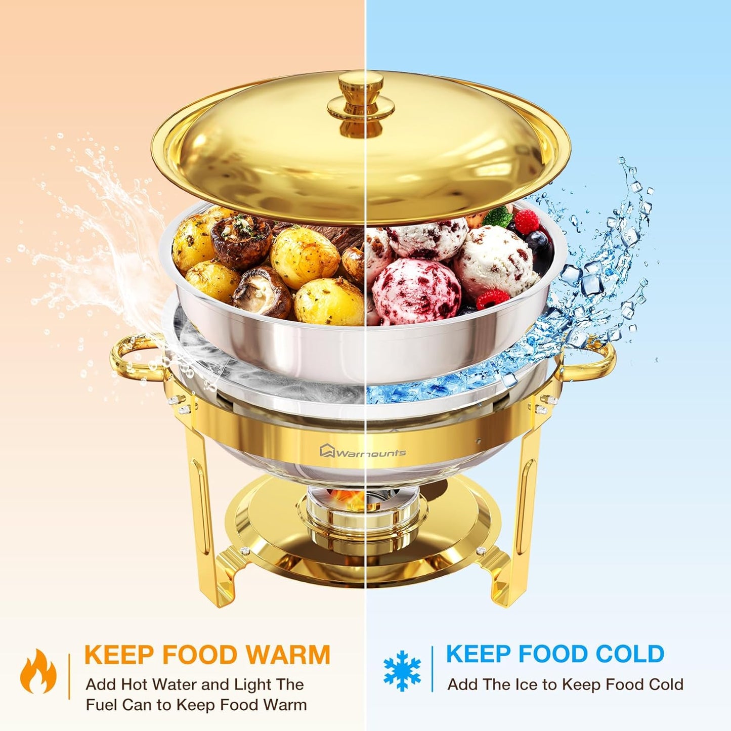 Gold Chafing Dishes for Buffet (5QT, 4 Pack), Round Chafers and Buffet Warmers Sets with Lid Holder, Food-Grade Stainless Steel, Rolled Edge Design, for Catering Events, Parties, Weddings