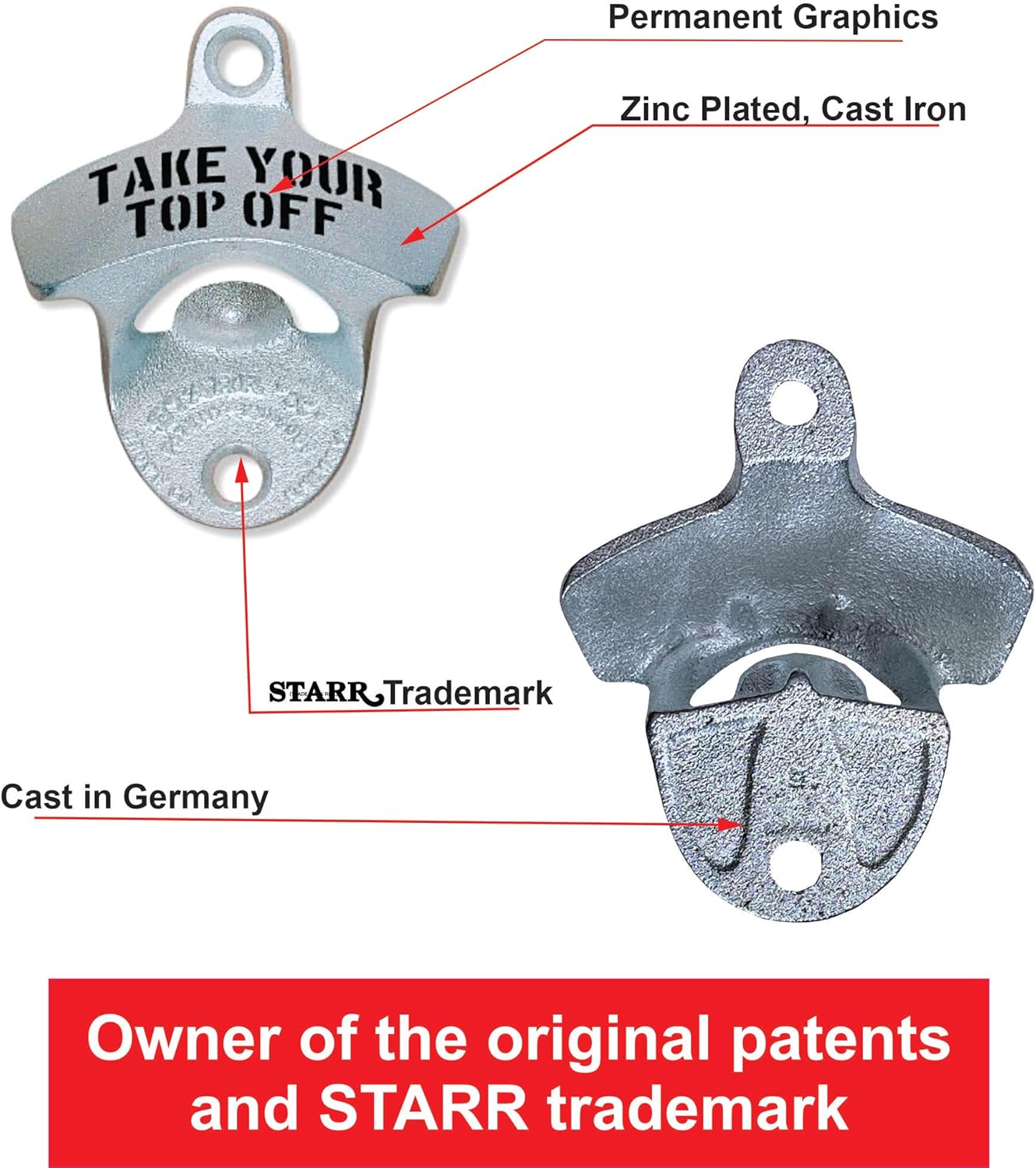 STARR "X" Take Your Top Off | Classic Wall Mounted Beer Bottle Opener for Home Bar, Kitchen, Patio, or Man Cave | Easy Cap Removal, Zinc Plated Cast Iron
