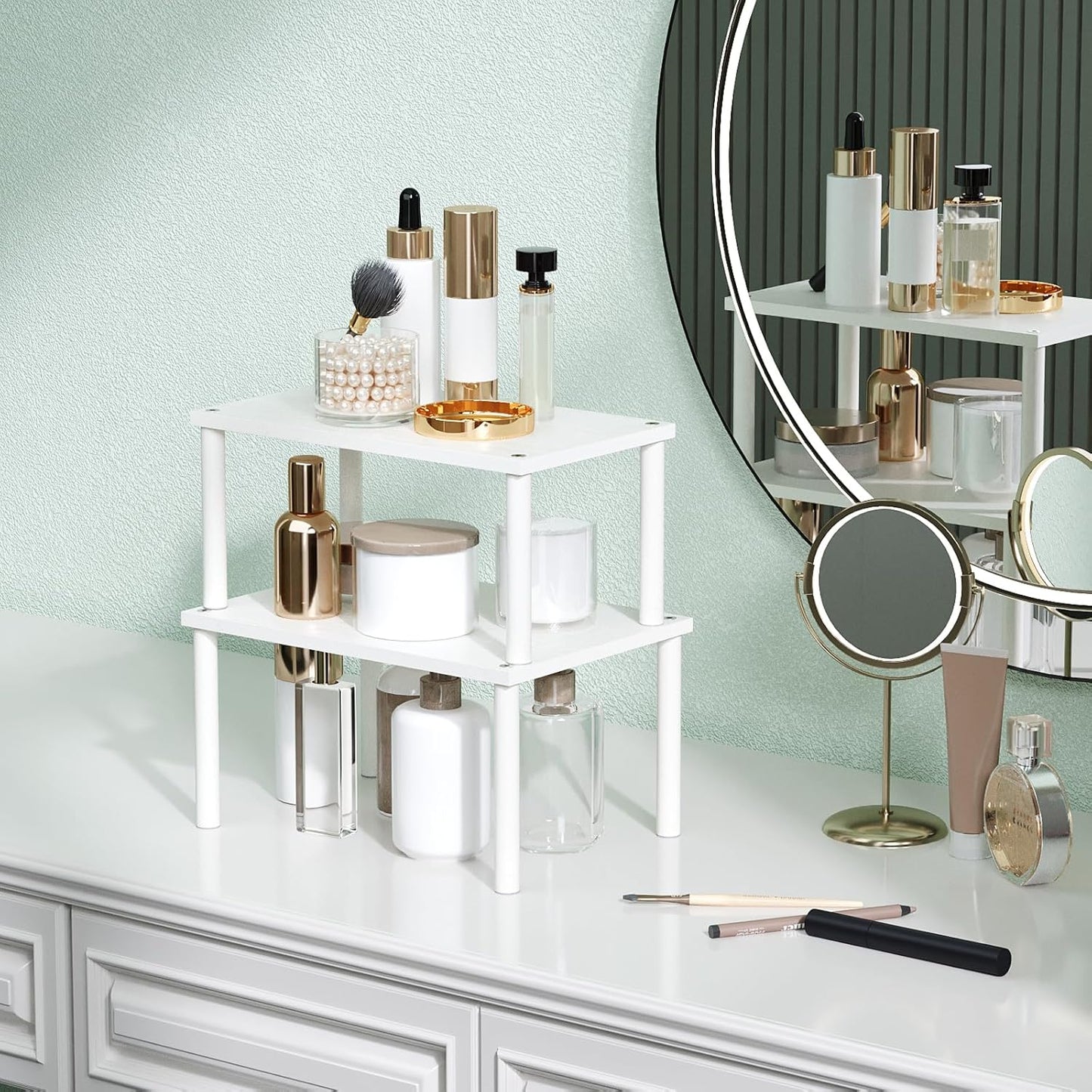 Cabinet Organizer Shelf(Set of 2),Kitchen Counter Shelves,Bamboo Spice Rack Countertop and Cabinet,Stackable Expandable,Medium,(White)