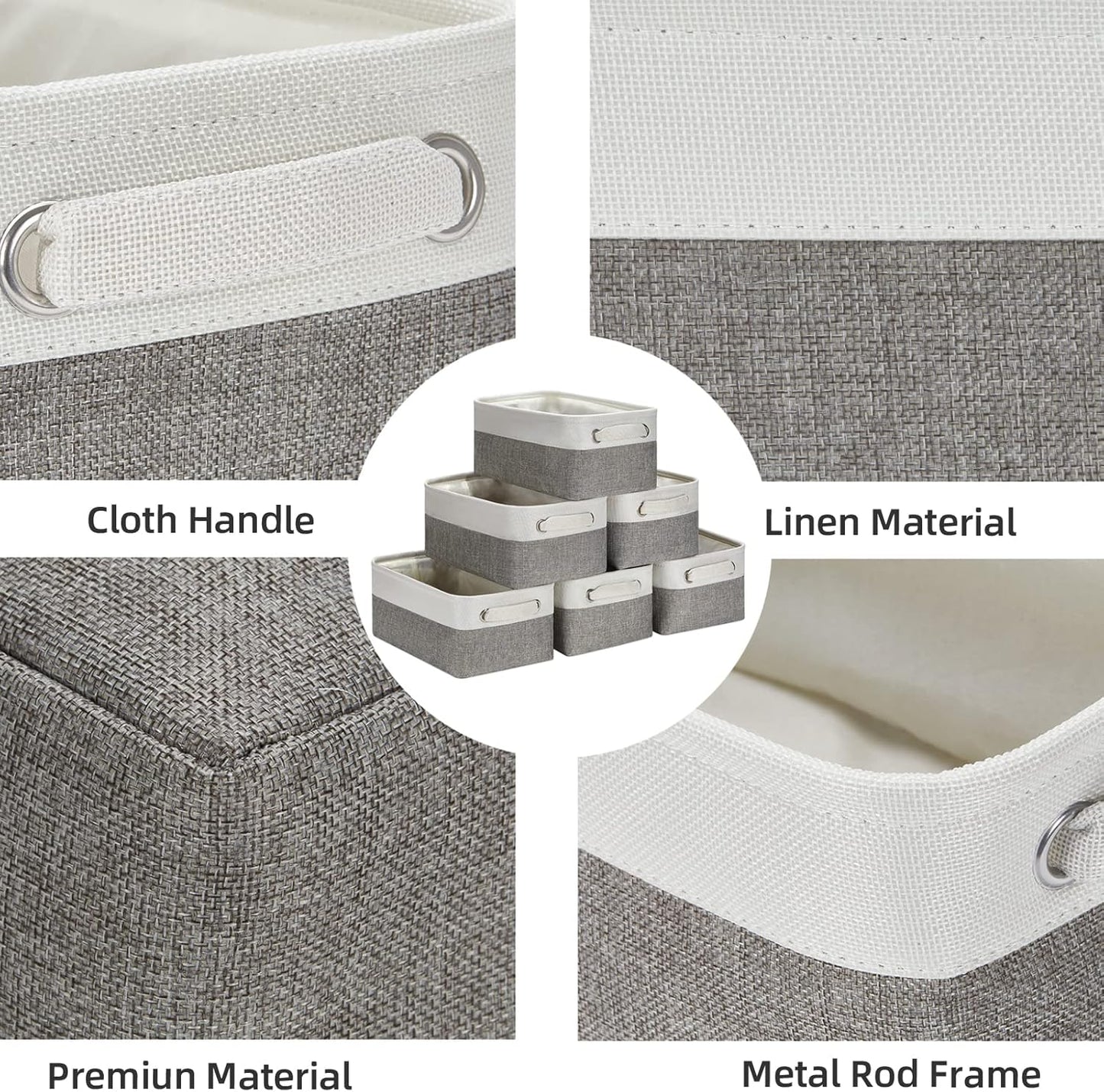 HNZIGE Small Organizer Bins for Shelf,Small Fabric Collapsible Baskets for Organizing Nursery Linen Canvas,Set of 6 Decorative Storage Basket for Storage Closet Toy(White&Gray, 11.8" x 7.8" x 5.1")