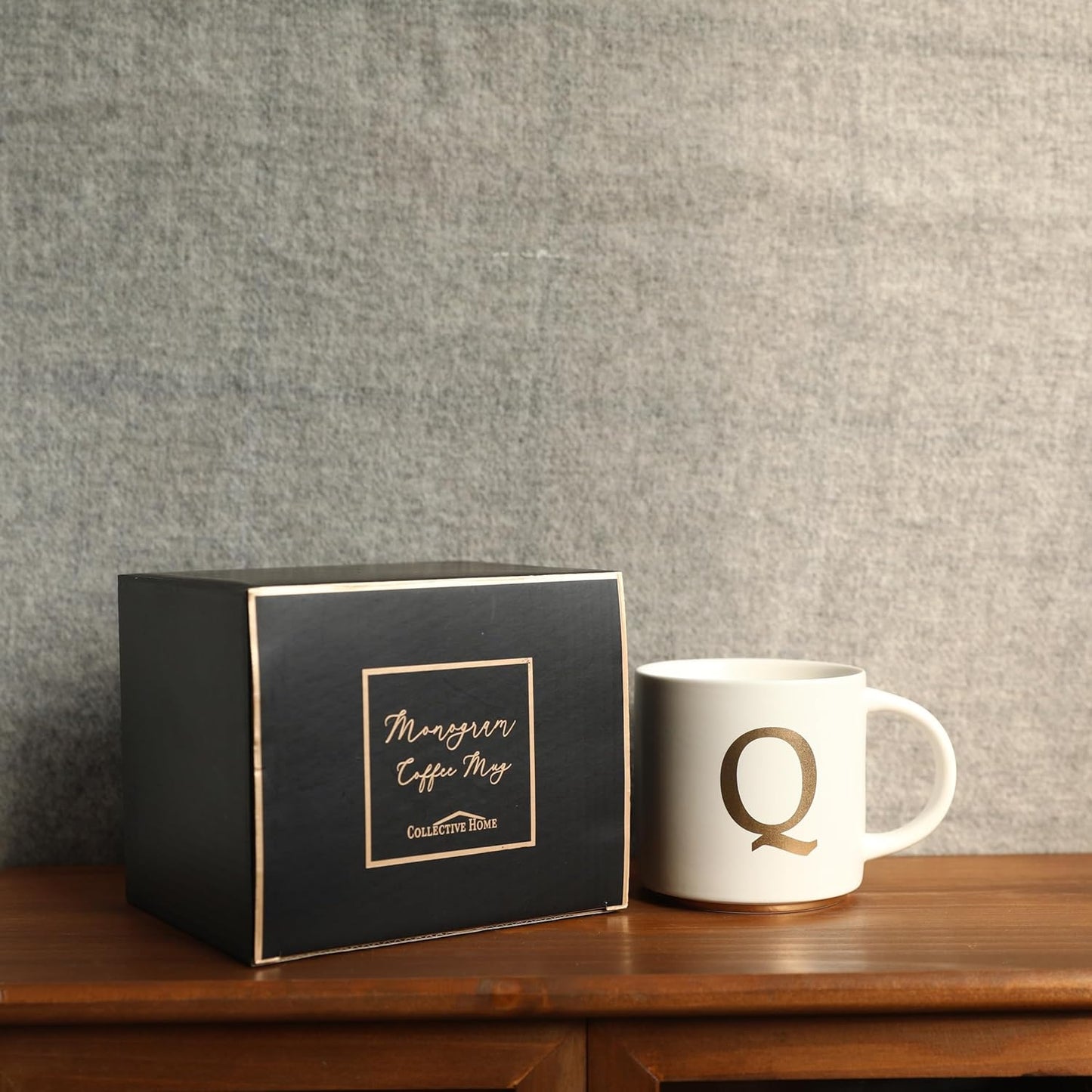 COLLECTIVE HOME - Monogram Ceramic Mugs, 15 oz Golden Initial Coffee Cups, Elegant Alphabet Tea Mugs, Elegant Personalized Mug with Gift Box, Unique Mug with Double Side Capital Letter (Q)