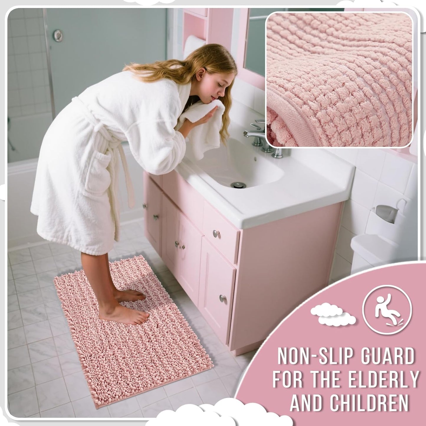 Yimobra Bathroom Rugs Non Slip Washable 32x20 Inch - Ultra Soft Absorbent Chenille Bath Mat, Quick Dry Shaggy Floor Carpet for Tub Shower, Light Pink Home Decor Accessories