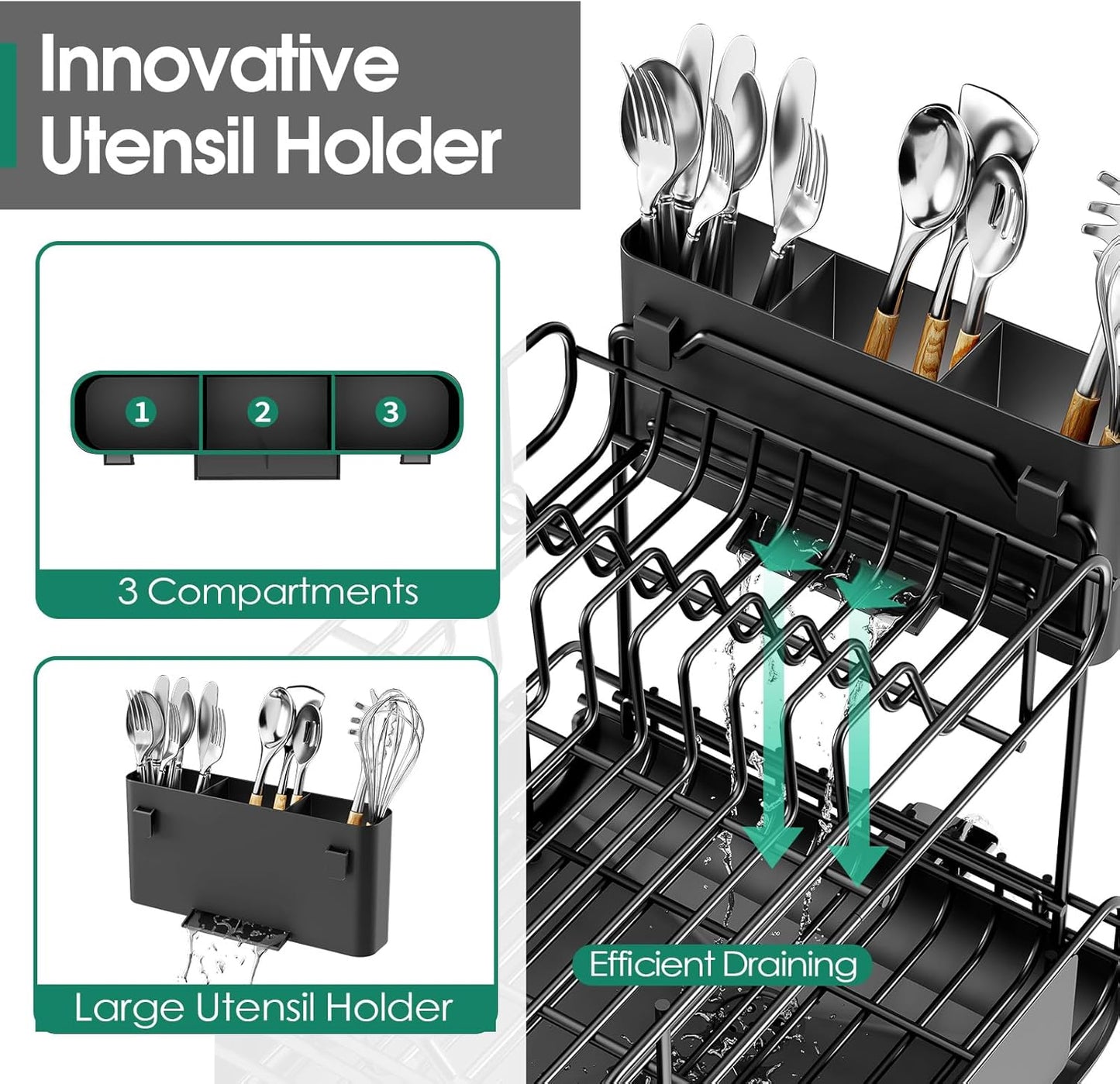 Dish Drying Rack for Kitchen Counter, Expandable 2 Tier Dish Rack, Large Capacity Dish Drainer with Drainboard Multifunctional Dish Strainer with Removable Cutlery Holder Black