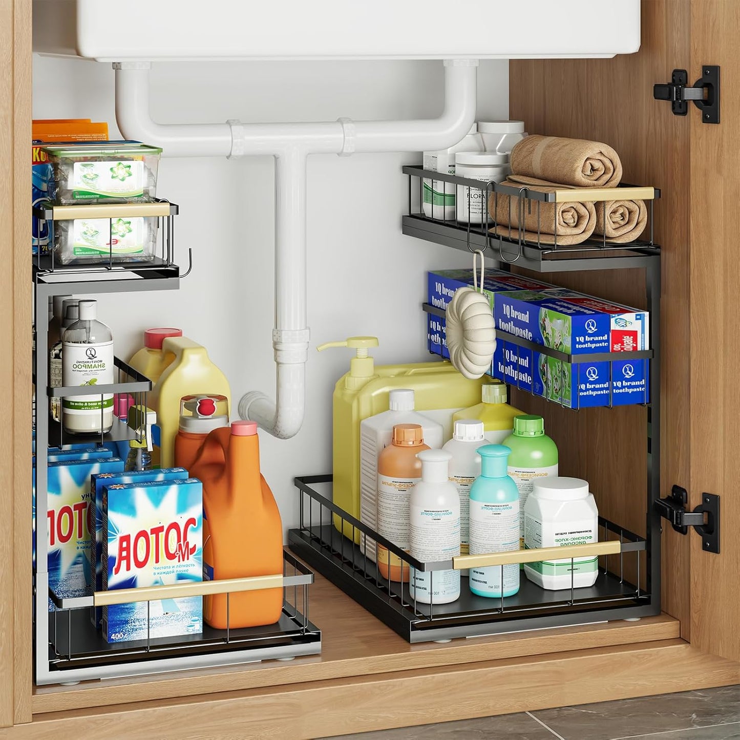 Under Sink Organizer and Storage for Bathroom and Kitchen - 1 Pack Pull Out Under Cabinet Shelf Organizers - 2 3 Tier Sliding Out Drawer Organization for Home Cabinets Shelves and Drawers