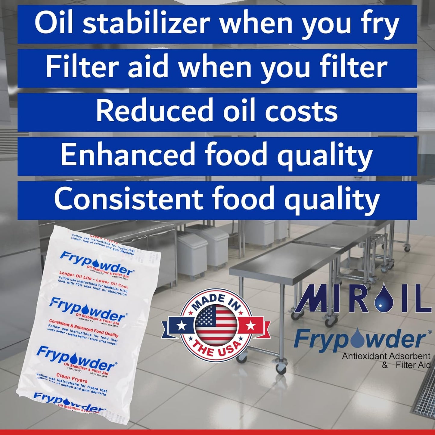 MirOil P36B Fry Powder Oil Stabilizer and Filter Aid, Deep Fryer Cooking Oil Saver Helps Save Grease & Remove Carbon Deposits, 72 x Size B Portion Pack(240ML Each) Fry Powder, Food Center Cooks Hotter