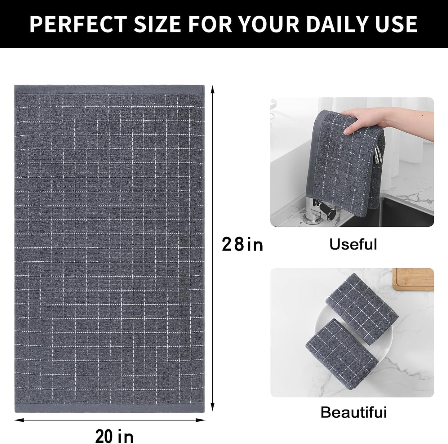 Homaxy 100% Cotton Terry Kitchen Towels(Dark Grey, 20 x 28 inches), Checkered Designed, Soft and Super Absorbent Dish Towels, Large 4 Pack