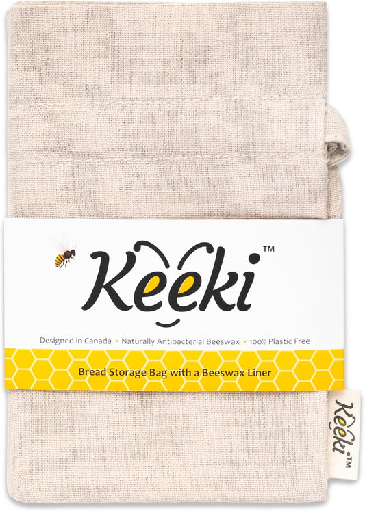 Keeki Bag - The Original Beeswax Lined Bread Bag for Homemade & Sourdough | Reusable Linen Bread Storage | Beeswax Wrap Alternative | Plastic-Free Storage w/Wide Drawstring Closure - Natural