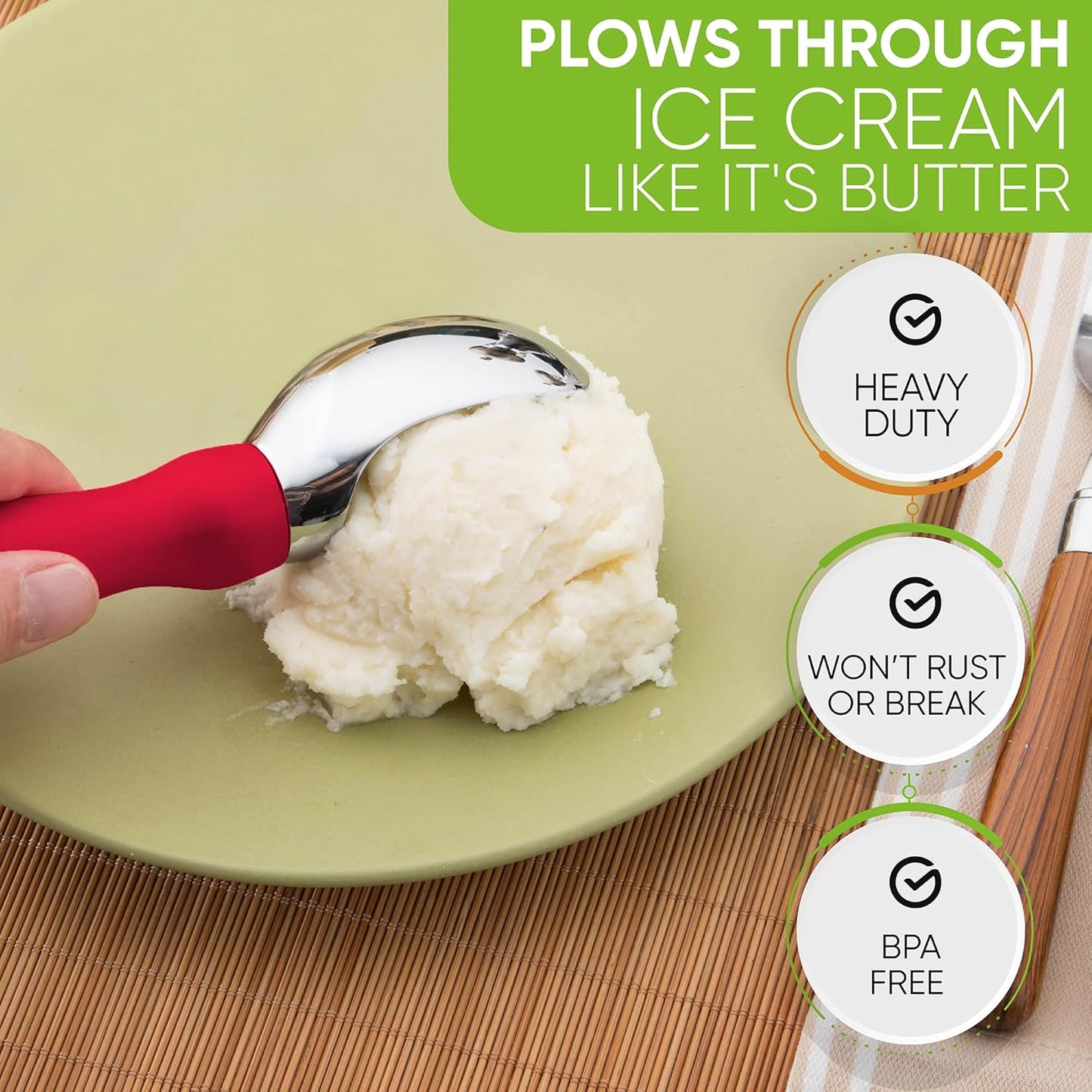 Spring Chef Ice Cream Scoop with Soft Grip Handle, Professional Heavy Duty Sturdy Scooper, Premium Kitchen Tool for Cookie Dough, Gelato, Sorbet, Red