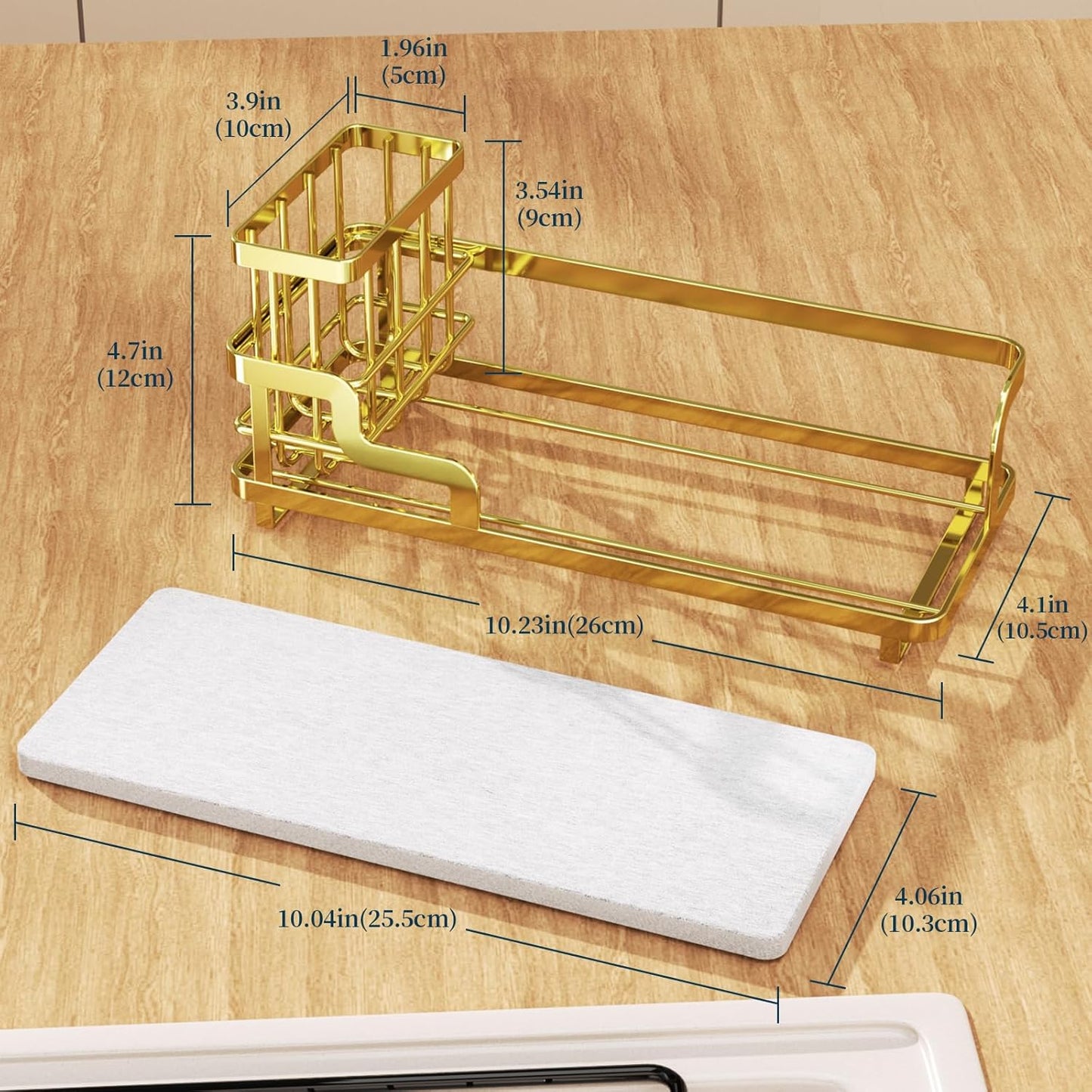 Consumest Sponge Holder for Kitchen Sink - Sink Caddy Organizer with Water Absorbing Stone Tray, Detachable Brush Holder, Stainless Steel Kitchen Counter Organizer Rack, Gold