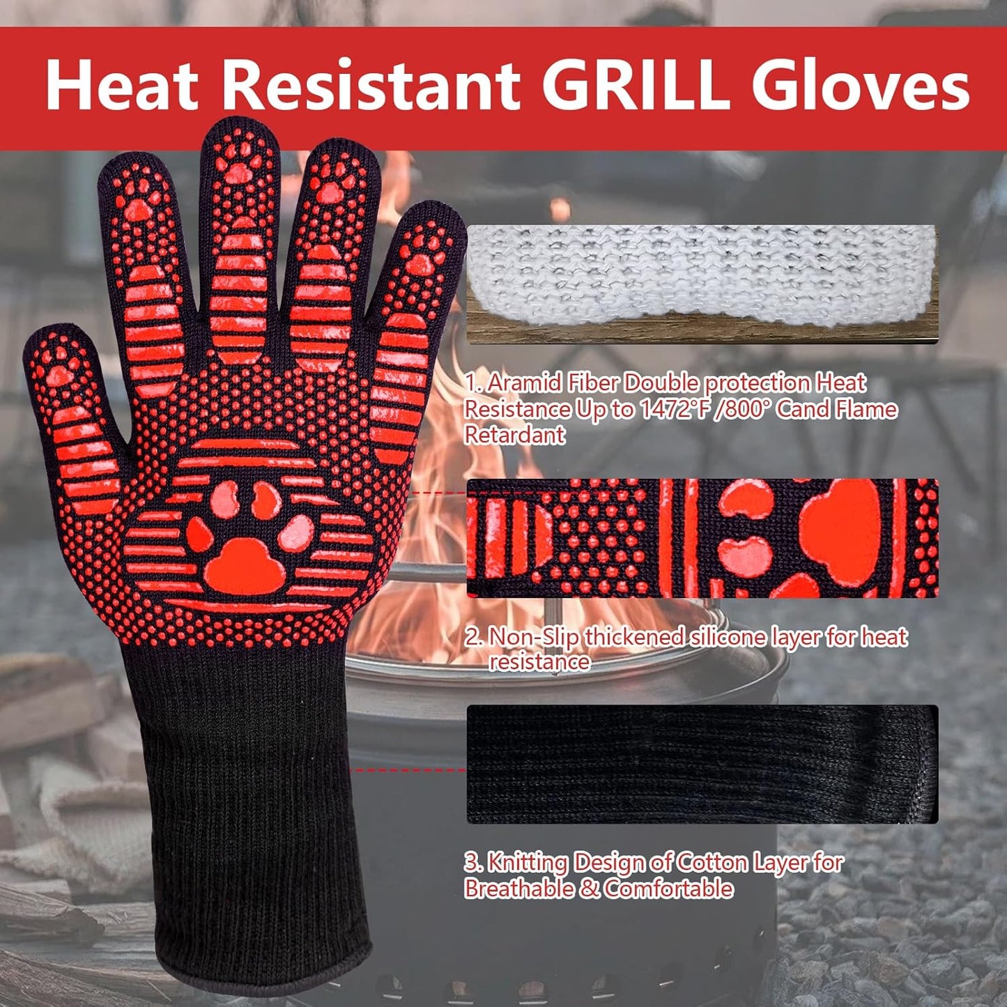 UBeesize Lengthen BBQ Gloves (Bear Paw), 1472°F Heat Resistant Grill Glove, 14 inch Fireproof Oven Gloves for Cooking, Non-Slip Fire Glove for Grilling, Barbecue, Smoker, Baking, Frying