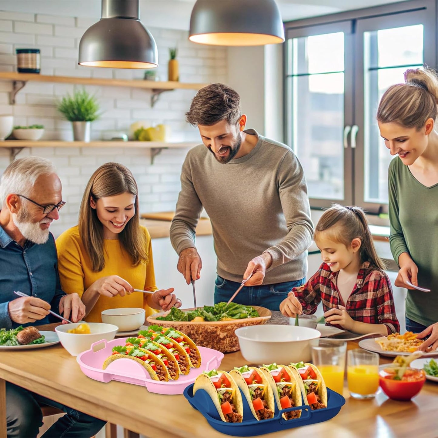 Remerry Silicone Taco Holder Plates Set of 2 Colorful Reusable Taco Holder with 4-Shell Slots for Hard/Soft Serving Plates Dishwasher Microwave Family Dinner Tortillas Party Serving(Blue, Pink)
