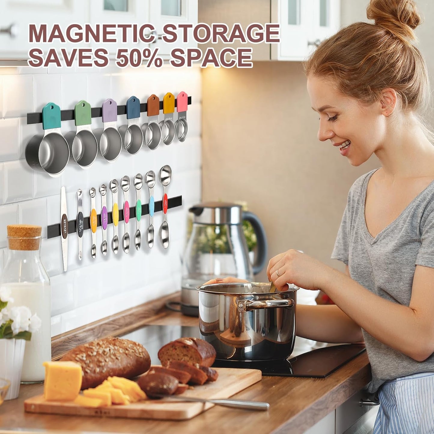 16-Piece Stainless Steel Measuring Cups and Spoons Set, Strong Magnetic Nesting Design 7 Cups 8 Spoons with Leveler, Double Measurement Markings for Dry & Liquid Ingredients, Colorful