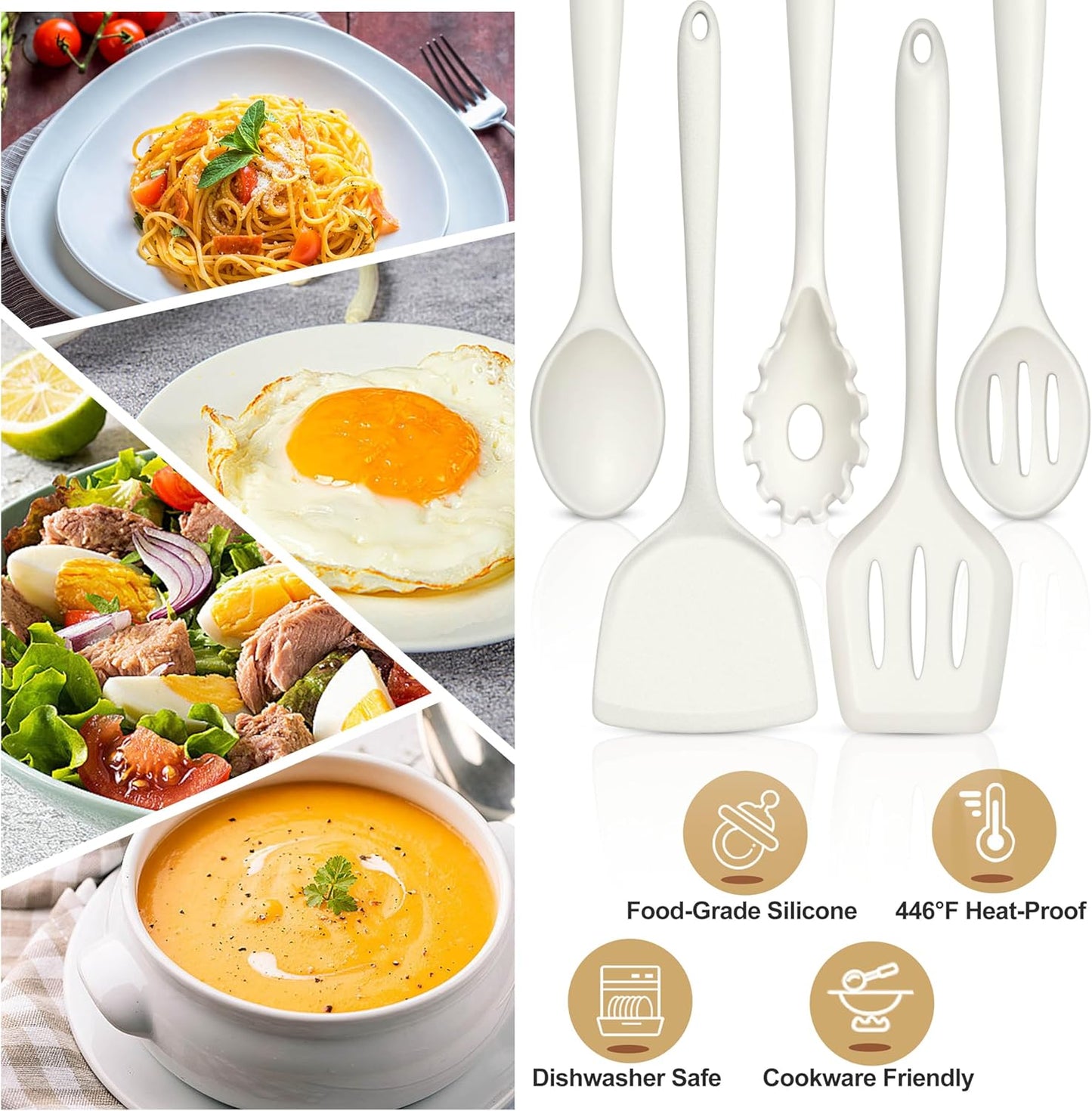 TeamFar Silicone Cooking Utensils Set of 5, Kitchen Utensils Solid & Slotted Spoons Turners Pasta Server for Nonstick Cookware, Healthy & Heat-Resistant, Seamless & Non-Scratch, Dishwasher Safe, White