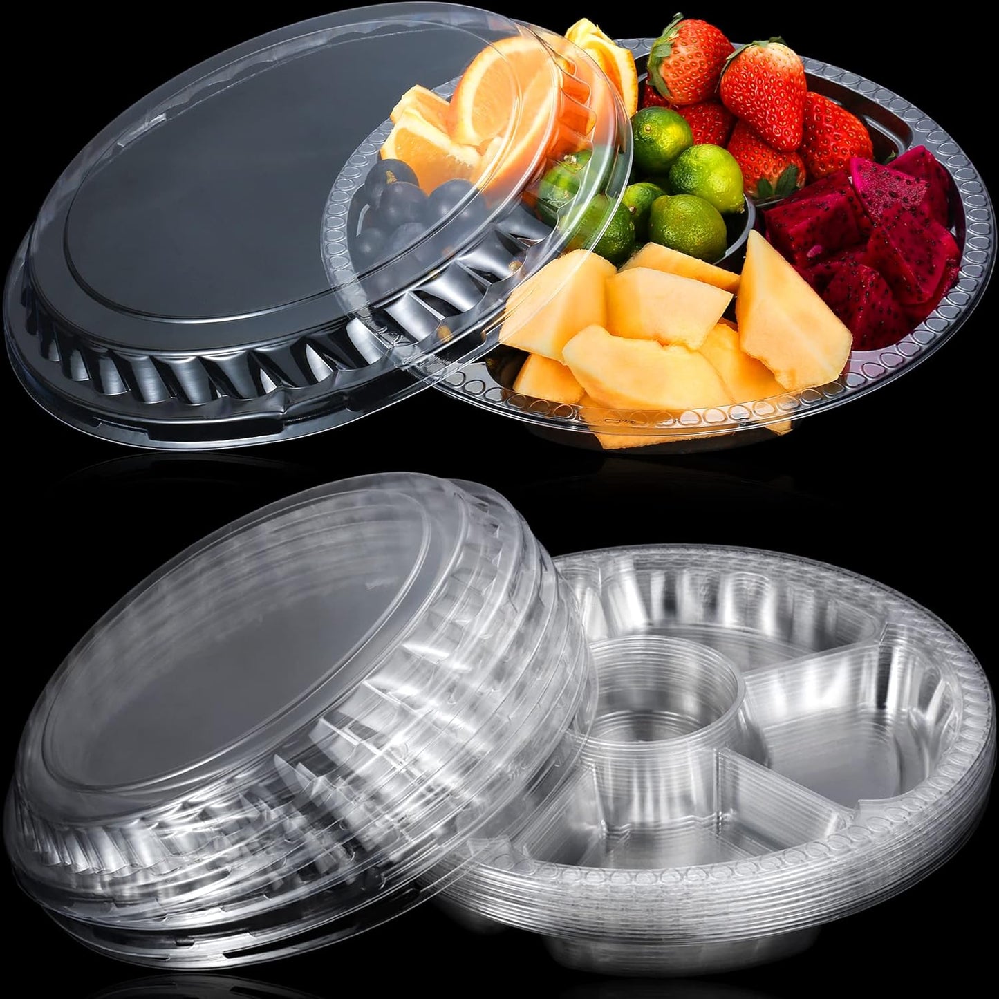 12 Pack Round Plastic Veggie Tray with Lid Fruit Tray 6 Divided Compartment Container Food Serving Dip Platter Reusable Catering Trays for Veggie Fruit Snack Party and Buffet Trays（Clear，10inch）
