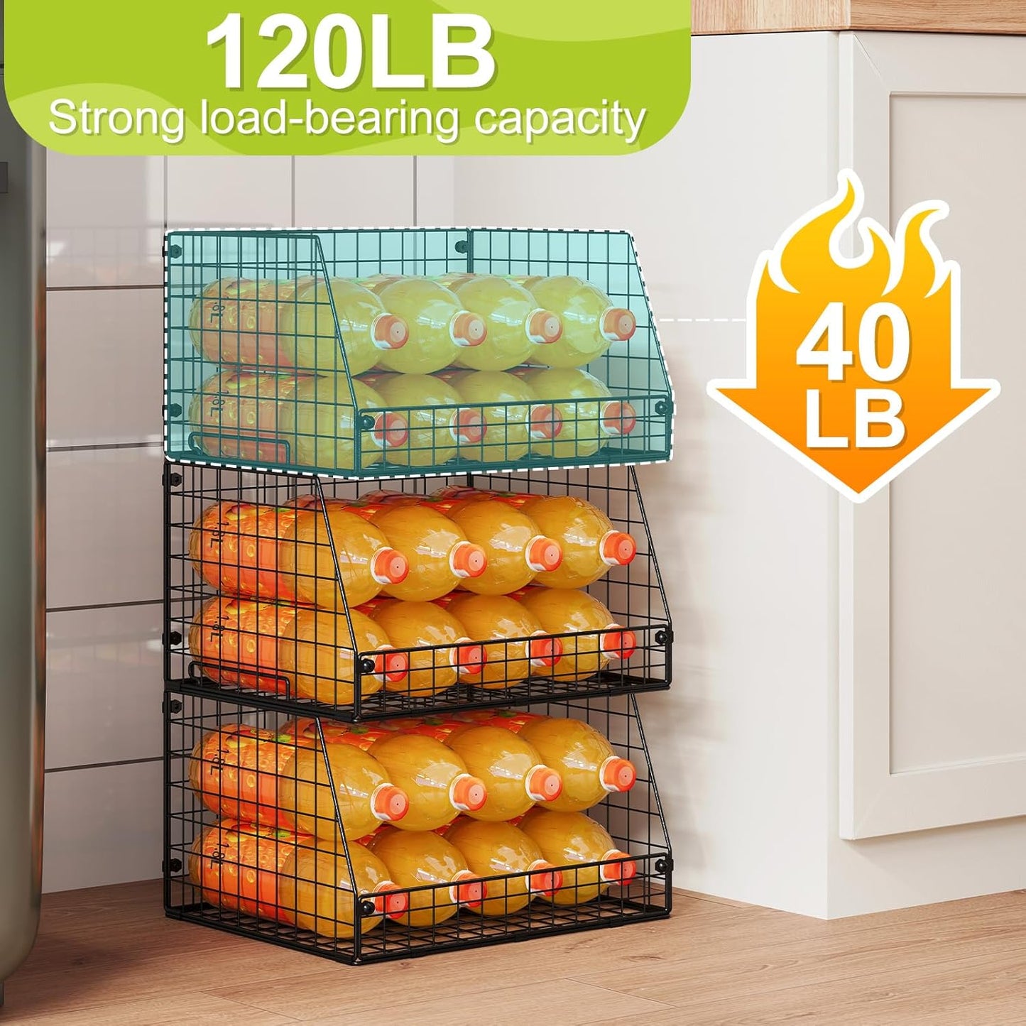 3 Pack XXL Stackable Wire Baskets, Large Storage Bins for Onion, Potato, Vegetable, Fruit, Snack, Pantry Baskets for Kitchen Cabinet Countertop, Pantry Organizers and Storage Solutions