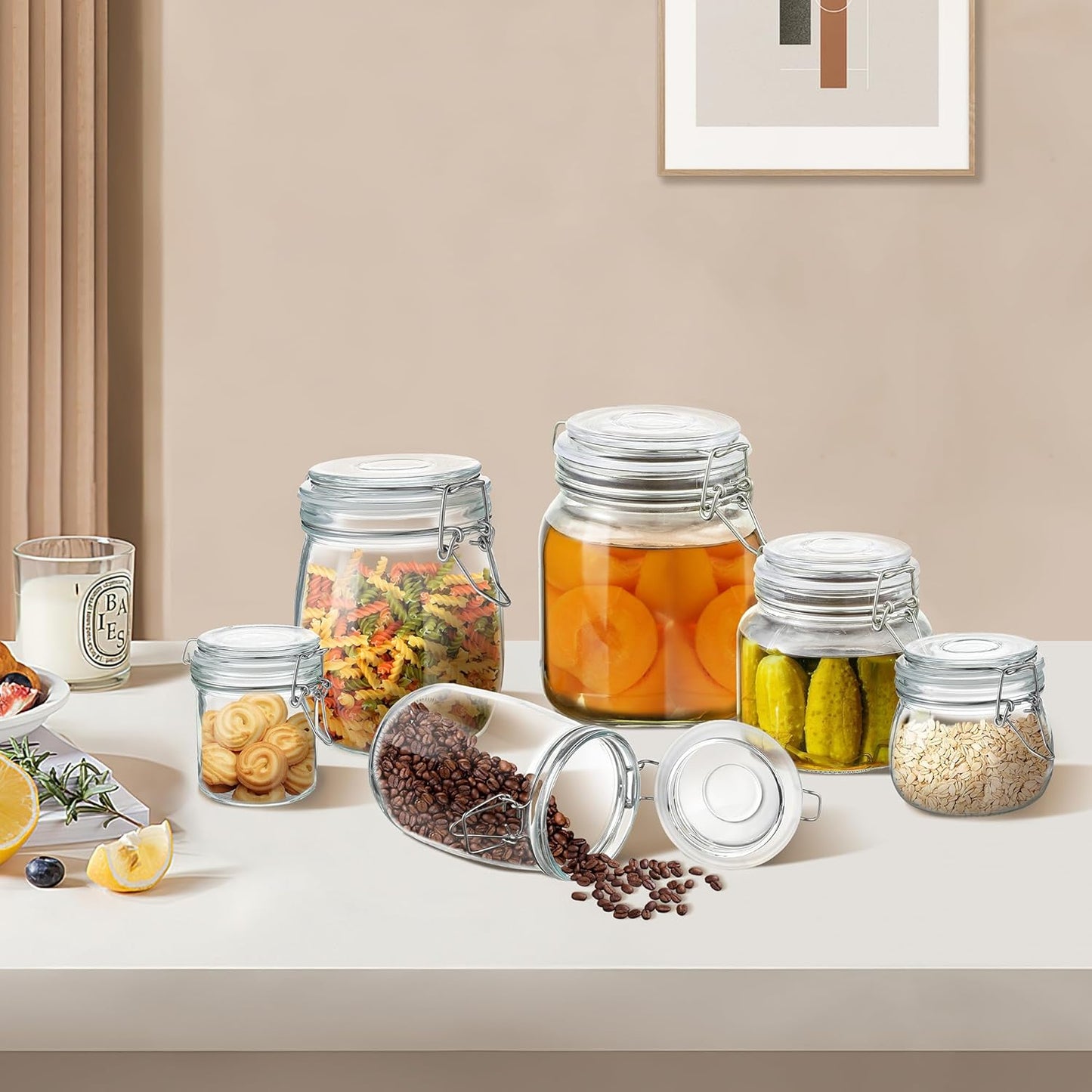 Glass Food Storage Jars with Airtight Lids 17 oz Round 4 Pack Kitchen Storage Containers Cabinet Canisters Sealed Pot Canning for Pasta, Cereal, Coffee, Beans, Spice