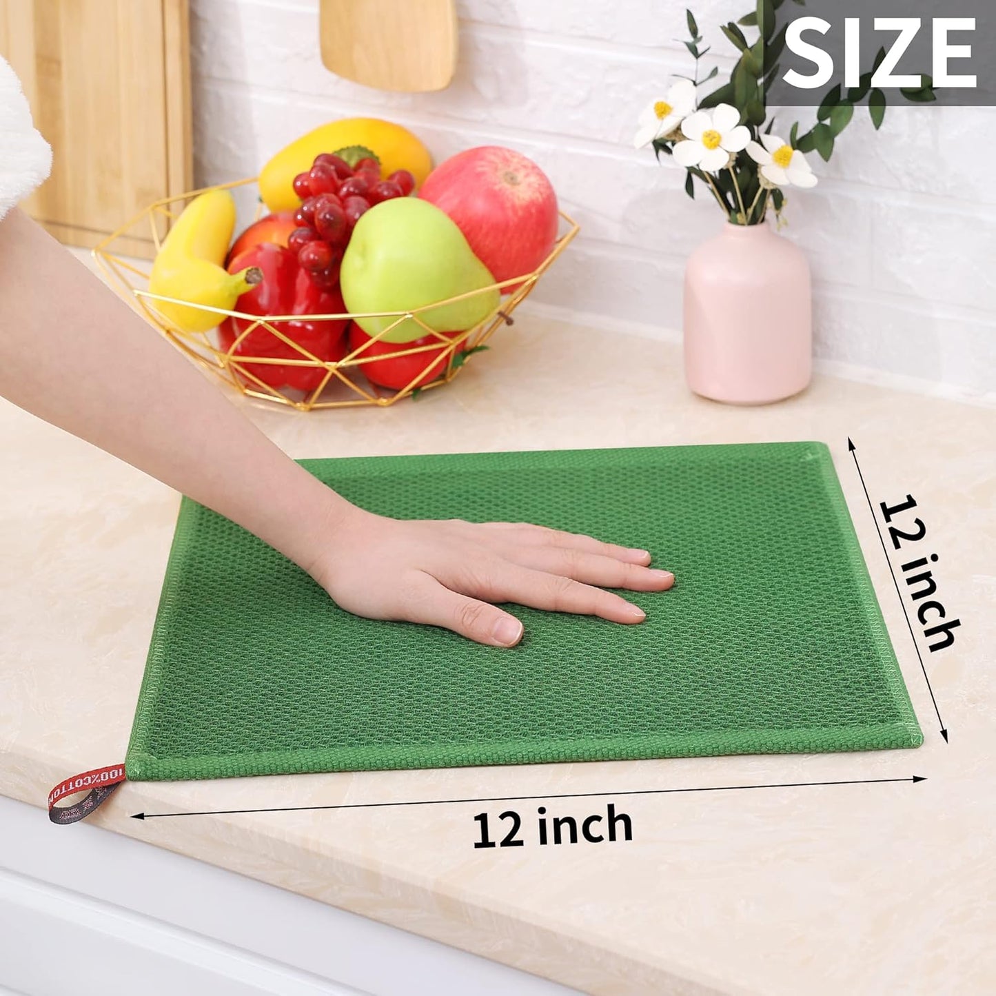 Homaxy 100% Cotton Waffle Weave Kitchen Dish Cloths, Ultra Soft Absorbent Quick Drying Dish Towels, 12 x 12 Inches, 8-Pack, Grass Green