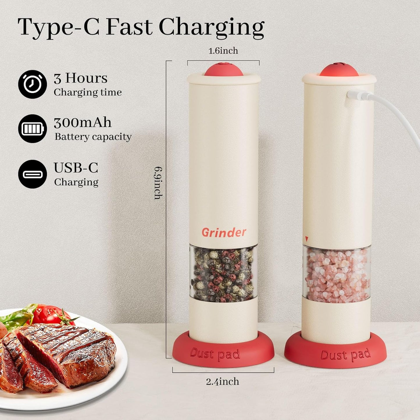 Electric Salt and Pepper Grinder Set, USB Rechargeable Adjustable Coarseness Automatic Salt Pepper Mill Shakers/Grinder Kitchen Spice Mill for Outdoor, Home Chefs Idea for New House Warming Gifts
