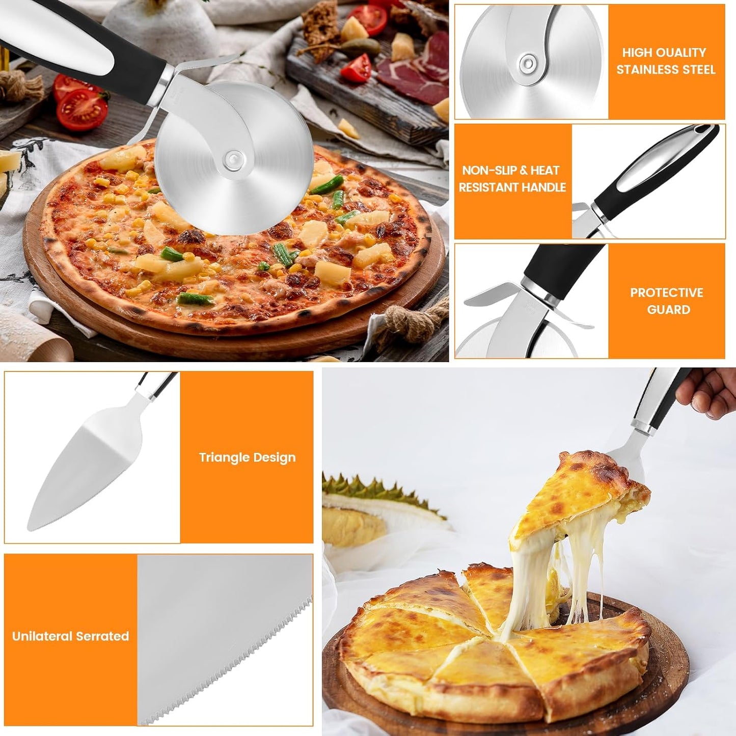 SVNR Classic Pizza Cutter Set, Stainless Steel 8.5" Pizza Cutter Wheel and 10.5" Pie Server Set, 2PCS Pizza Wheel Cutter & Pie Server for Cutting and Serving Pizza