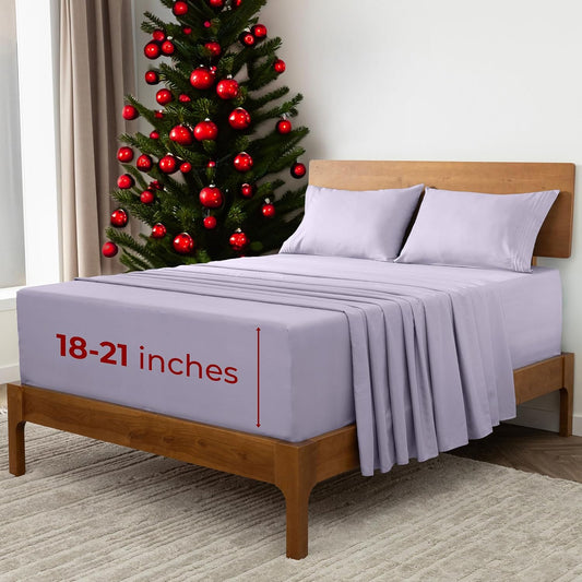 Mellanni Extra Deep Split King Sheets - 5 PC Iconic Collection Bedding - Hotel Luxury, Ultra Soft, Cooling Bed Sheets - Wrinkle, Fade, Stain Resistant (Split King, Lavender)