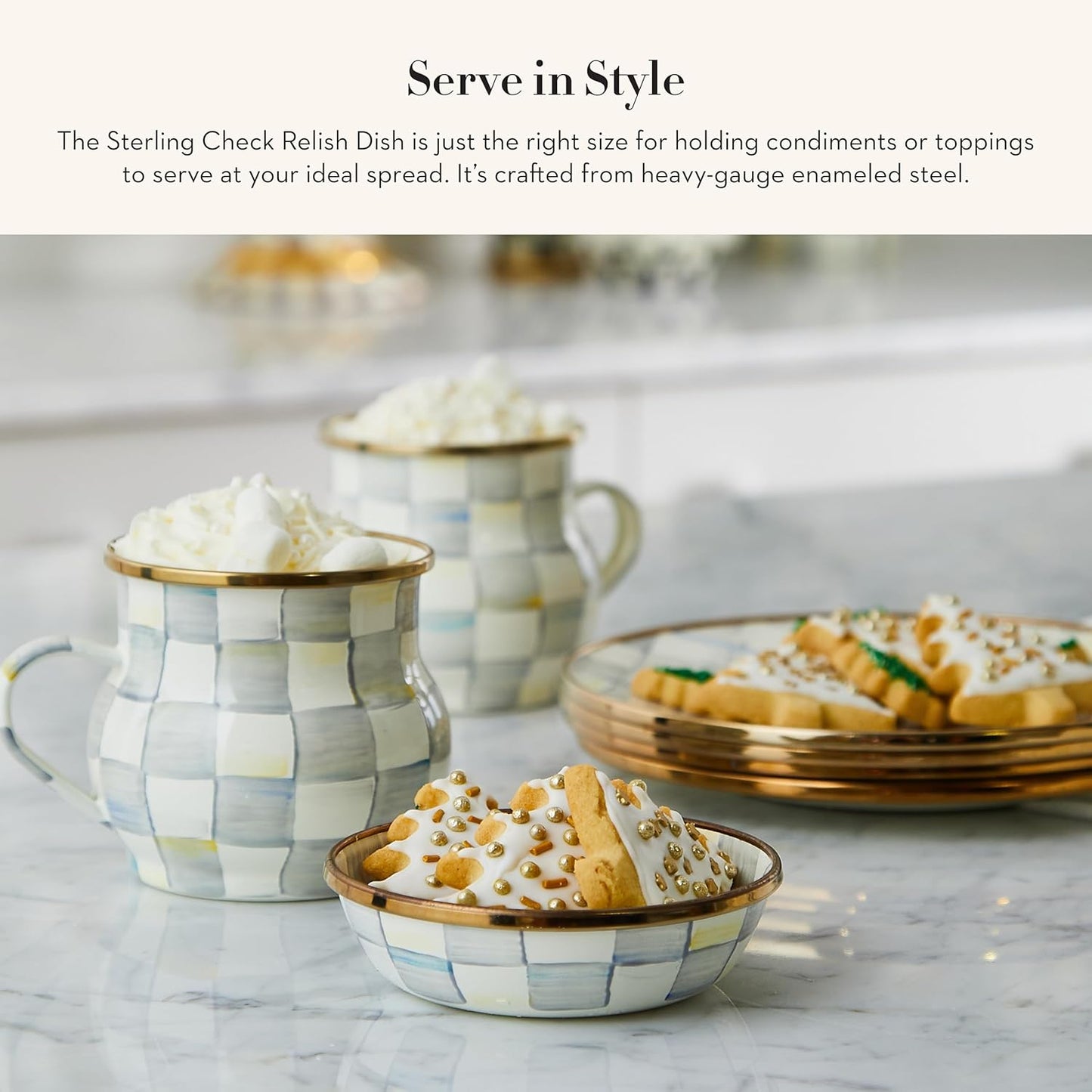 MACKENZIE-CHILDS Enamel Relish Dish, Small Serving Bowl for Entertaining, Gray-and-White Sterling Check