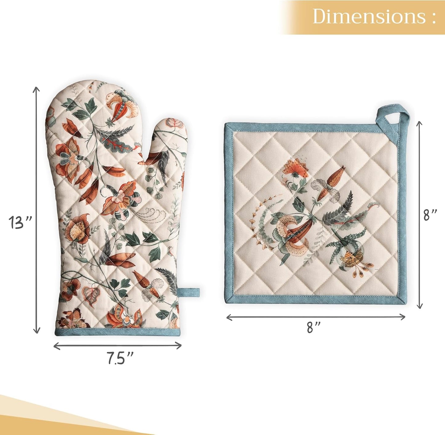 Maison d' Hermine 100% Cotton Oven Mitt & Pot Holder Set (7.5"x13" & 8"x8") Heat Resistant BBQ Cooking Gloves with Loop, Baking, Grilling, Kitchen, Handling Hot Pans (Dalida)