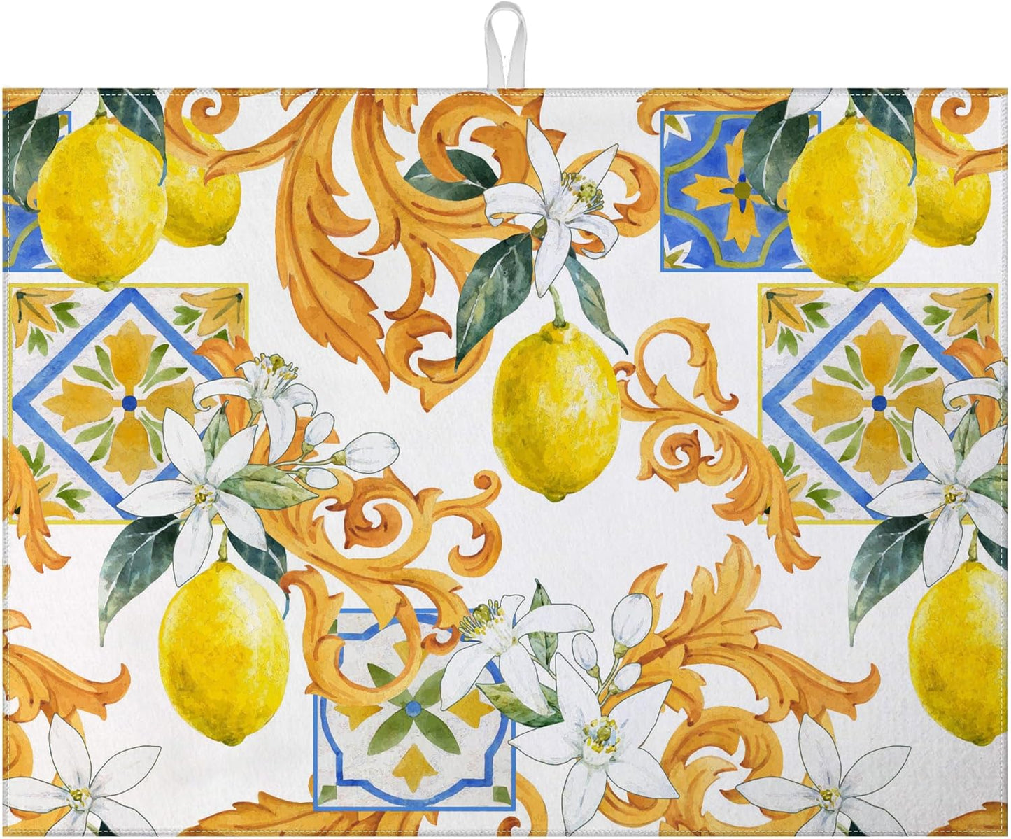 Watercolor Lemon Dish Drying Mat for Kitchen Counter Microfiber Absorbent Dish Kitchen Drying Mat Draining Reusable Washable for Dishes/Utensils/Counterto