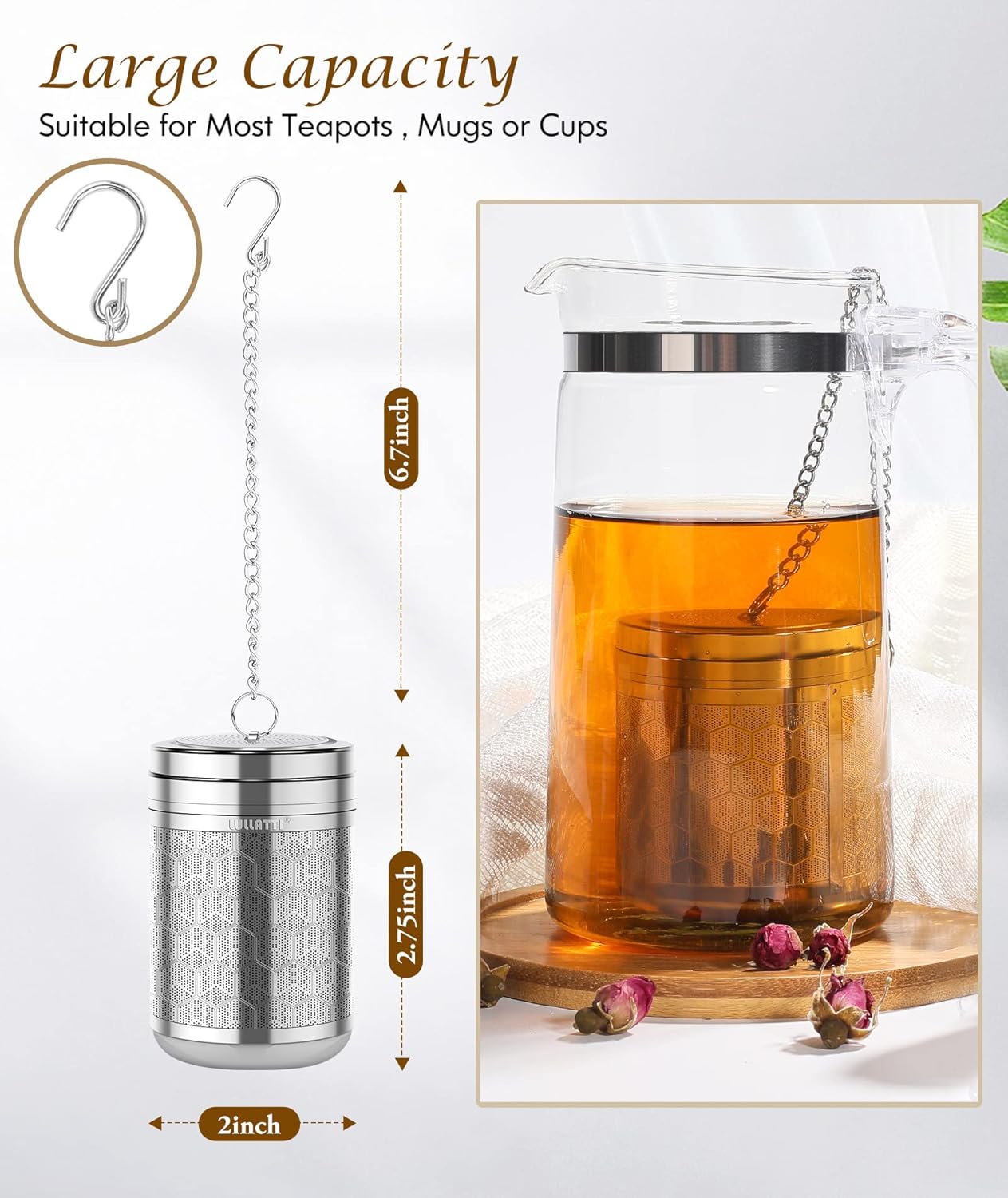 Large Tea Infuser for Loose Tea(1 Pack), 304 Stainless Steel Tea Ball Strainer, Extra Fine Mesh Tea Steeper for Brewing All Kind of Tea, Fits for Most Teapot, Cups or Mugs