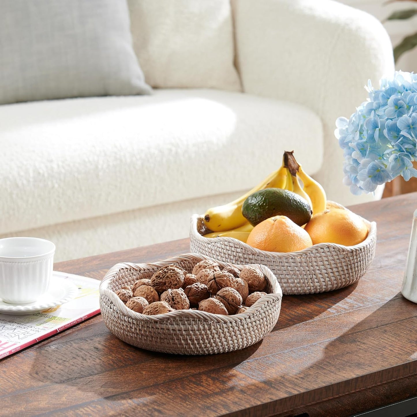 YANGQIHOME Rattan Round Fruit Baskets, Wicker Storage Bowls, Natural Woven Serving Basket Bowls, Decorative Baskets for Kitchen Counter Organizing, Whitewash, Set of 3