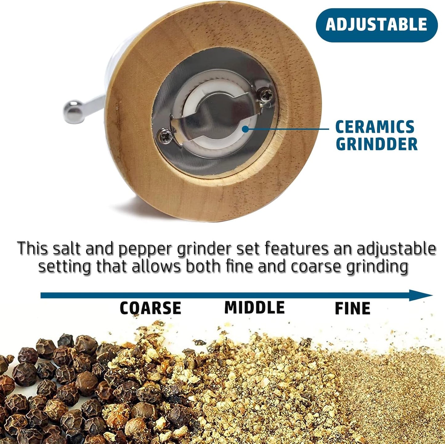 Pepper Mills Set Classical Hand Shake Wood Pepper Grinder Set Salt Mills 2pcs-6in, Wooden Acrylic Ceramic Blades Upgrade Metal Handle, Enjoy Fresh Ground Pepper Various Spices