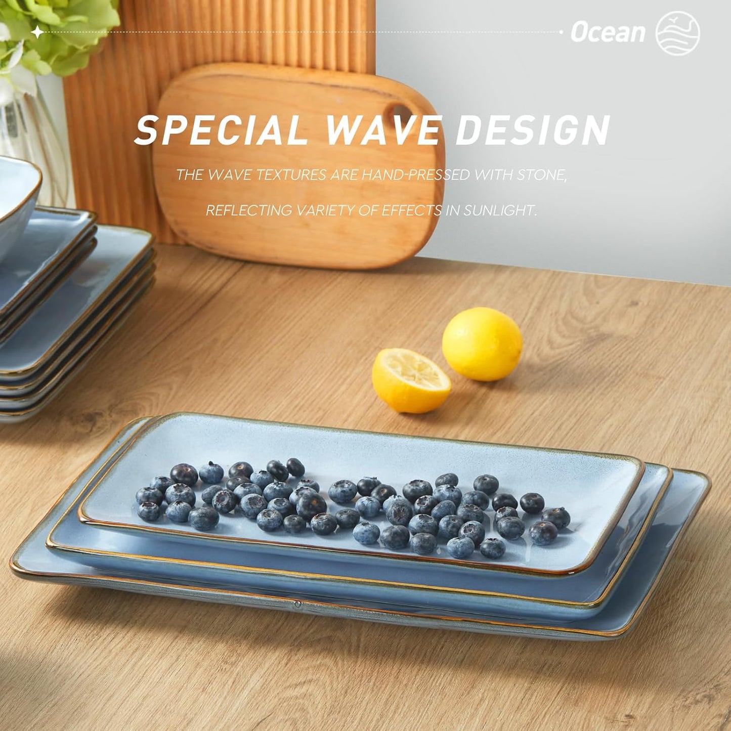famiware Serving Platter, Rectangular 15.67/14.1/12.6inch Serving Dishes for Entertaining, Reactive Glaze, Stoneware Serving Trays for Party, Food, Turkey, Snack, Cheese, Ocean Series, Blue