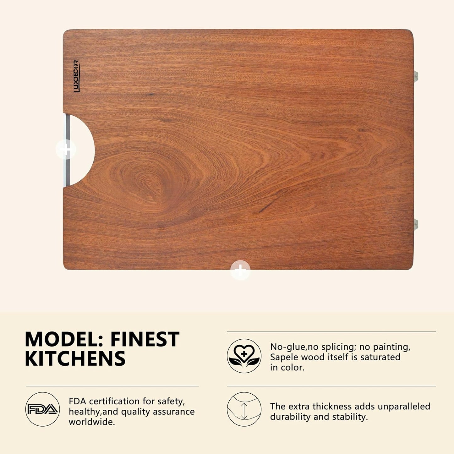 Real Solid Wood Cutting Board- Single Piece Wooden Cutting Board No Splicing&Glue, Sapele Wood Cutting Boards Of 15 * 11 * 1 in Heavy Duty