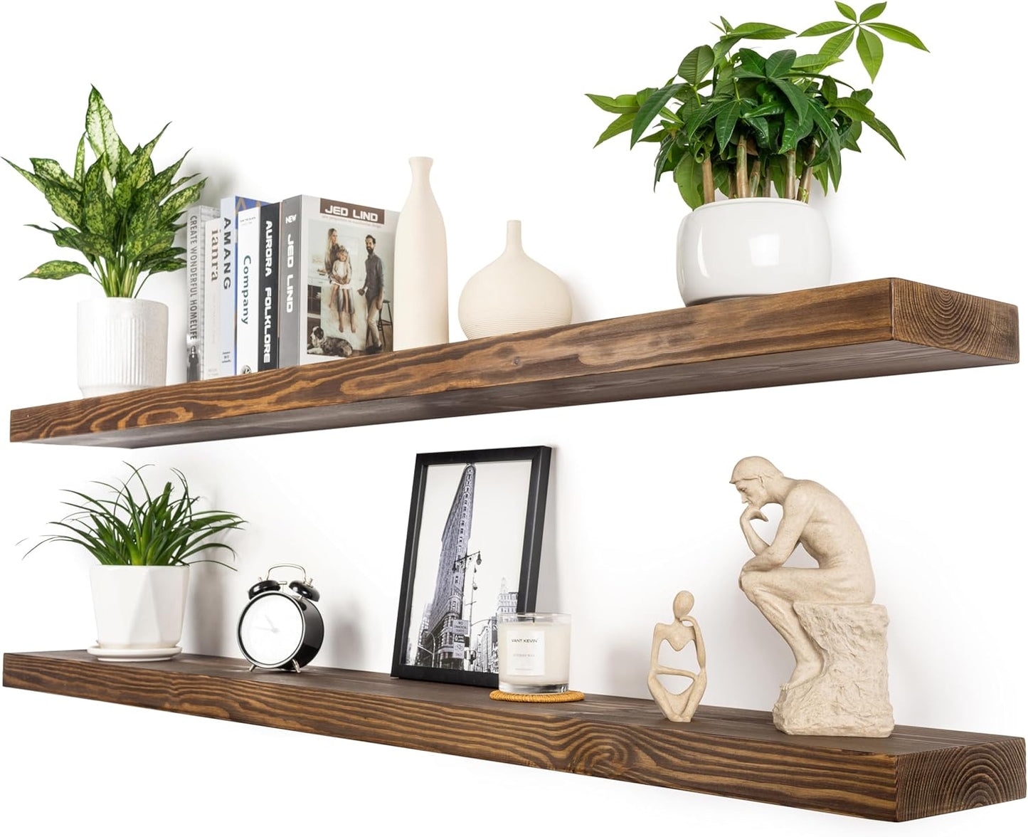 Rustic Floating Shelves 60 inch Long 8 "deep Set of 2, Heavy Duty Wood Wall Mounted Shelves for Bathroom Living Room Kitchen,Book Shelves with Thickened Hidden Bracket- Walnut