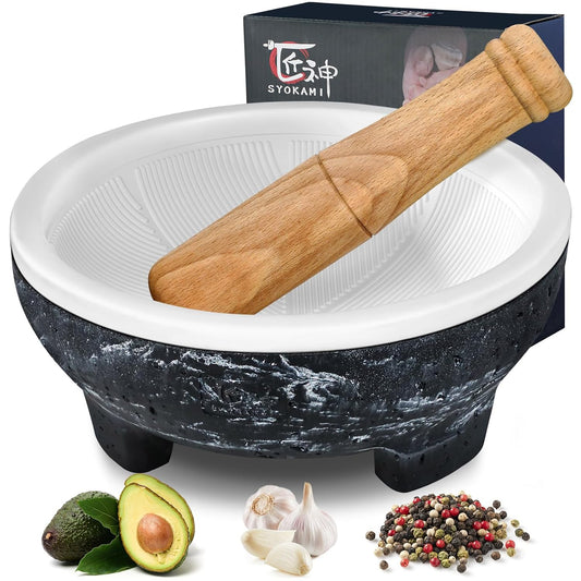 2 Cup Mortar and Pestle Set, World's 1st Lightweight Molcajete Mexicano with Grinding Ridge, High Grinding Efficiency for Guacamole, Spice and Herb, Easy to Clean, Anti-Scratch Protector