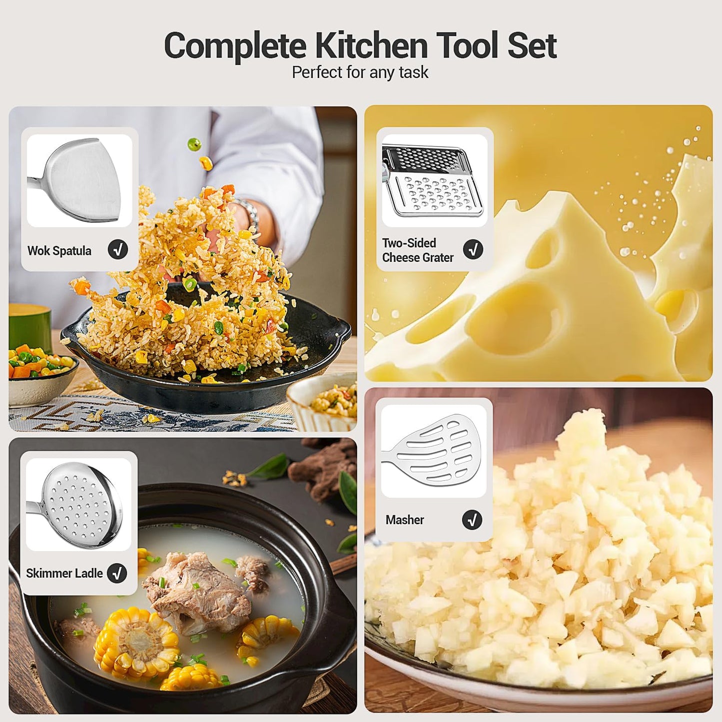 10PCS Cooking Utensils Set, Stainless Steel Utensils Set Non Slip Handle Heat Resistant Kitchen Cooking Tools Durable Metal Utensil Spatula, Spoon, Whisk, Ladle, Pasta Fork