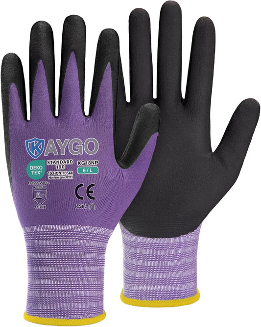 KAYGO Safety Work Gloves MicroFoam Nitrile Coated, 3 Pairs KG18NB,Seamless Knit Nylon Glove for Men and Women, Ideal for Automotive,Warehouse,Construction (L,Purple)