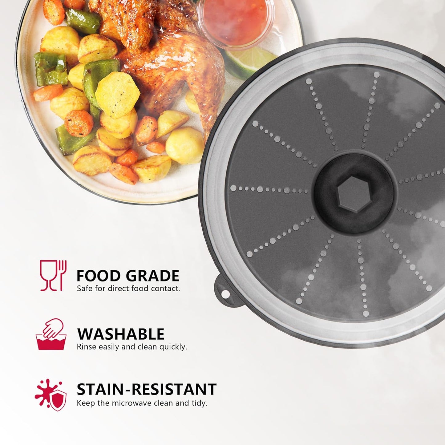 WVM Microwave Splatter Cover & Mat, Vented Collapsible Splatter Guard dish Plate lid & Silicone Round Kitchen Mat for Food, Meal Prep, Dark Grey