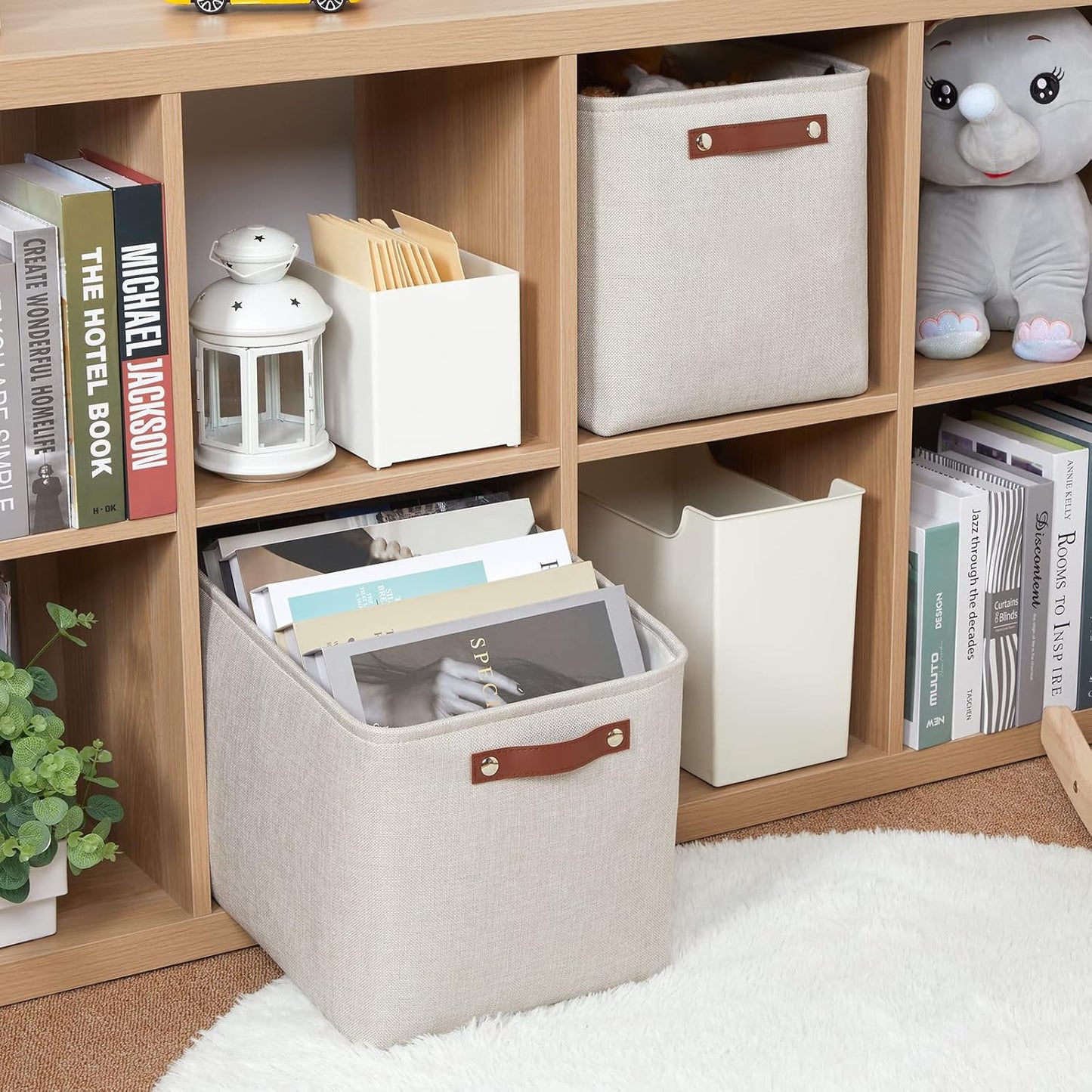 HNZIGE Large Canvas Baskets 16"×11.8"×11.8" Decorative Storage Bins with Leather Handles (2 Pack) Collapsible Rectangle Storage Baskets for Organizing Clothes, Toy, Books, Sundries, Tools(Cream)