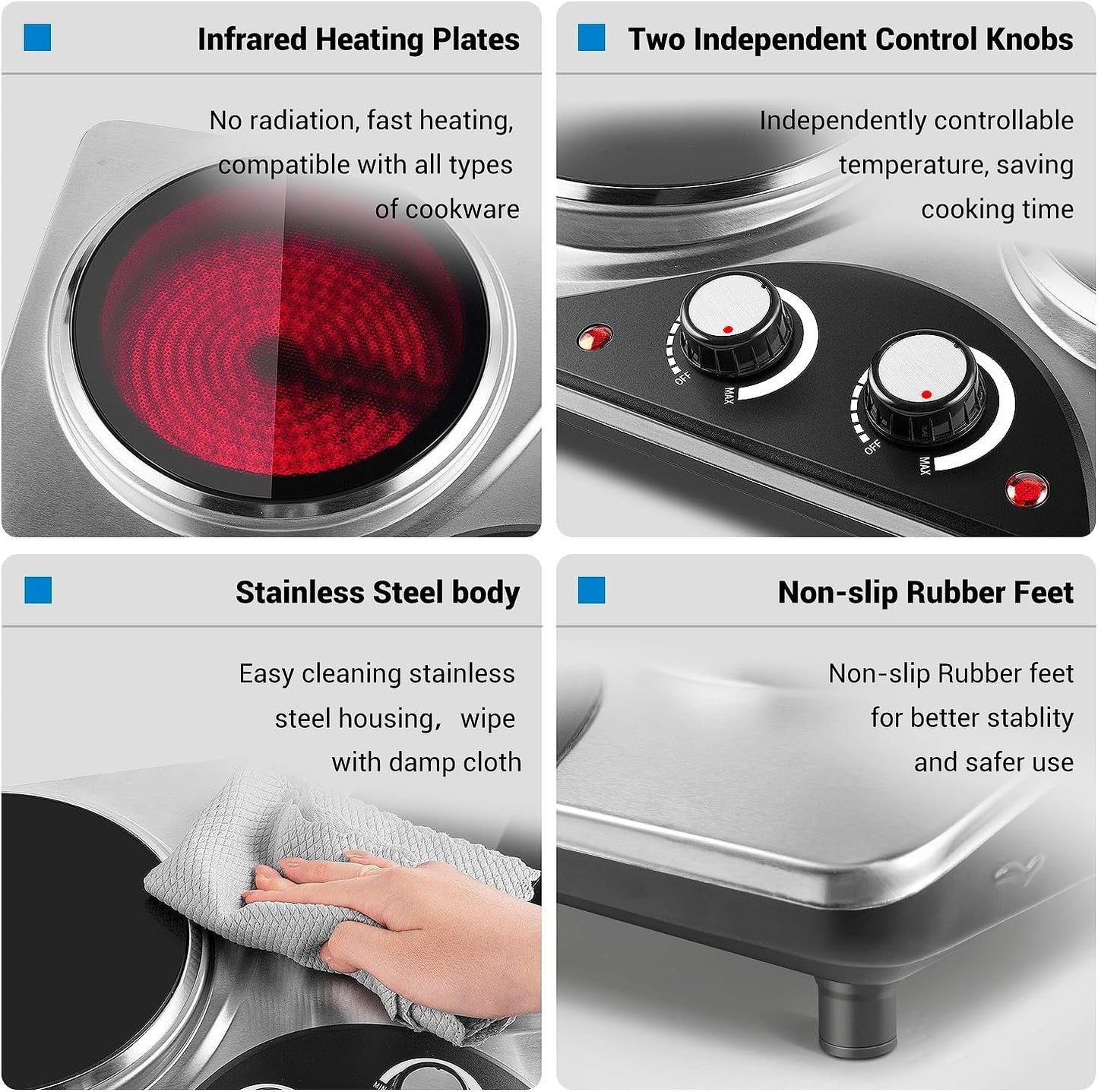 Hot Plate, CUSIMAX Electric Double Burner, Portable Ceramic Infrared Cooktop, Dual Control Cooking Stove, Heat-Up in Seconds, Compatible for All Cookwares, Silver