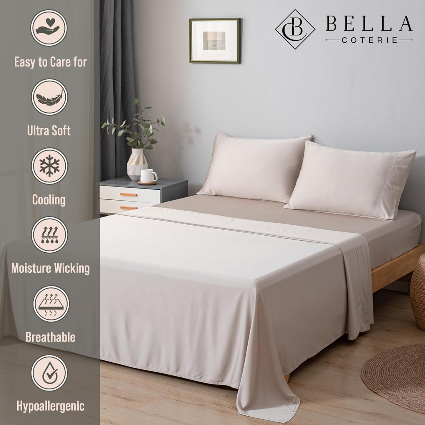 Bella Coterie Luxury Bamboo Viscose Split Top King Size Sheet Set | 100% Organically Grown | Ultra Soft | 34" Split | Cooling for Hot Sleepers | 18" Deep Pocket [Dune]