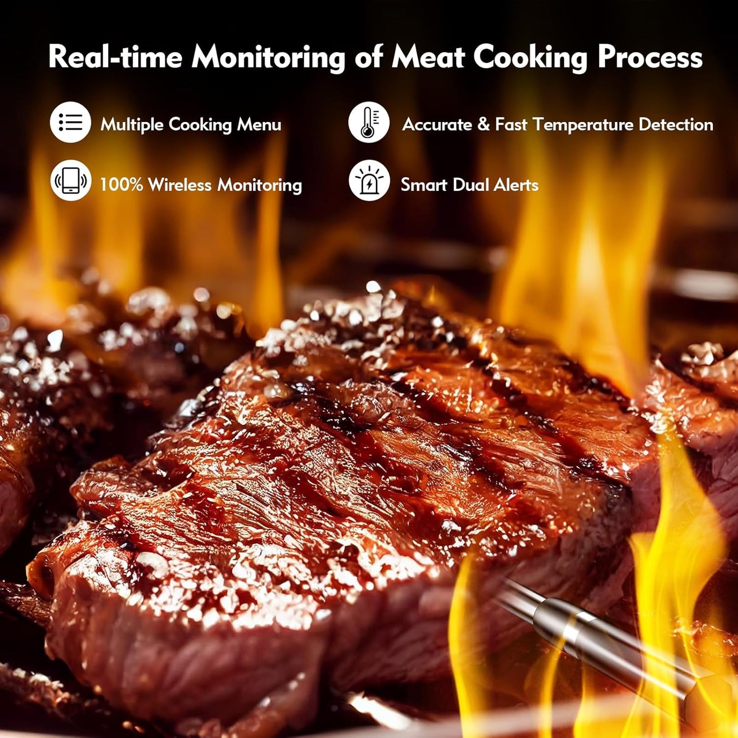 Aurasky Wireless Smart Meat Thermometer, Accurate Temperature Detection Probe, 500FT Remote Monitoring, Dual Alarm, Cooking Meat Thermometer Wireless for Grilling, Smoking, Oven, BBQ, Rotisserie