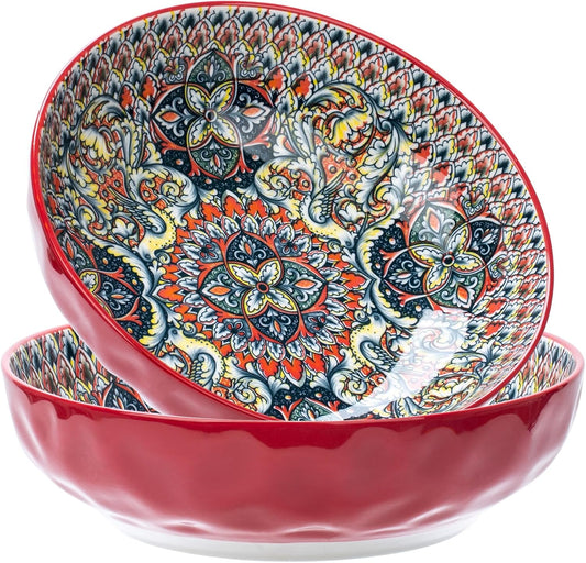 Large Serving Bowls, 75 Oz Fruit Salad Bowls Set of 2, Bohemian Style Large Porcelain Dishes for Entertaining Parties,Big Bowls for Salad, Pasta, Fruit, Chips, 10.3 Inch Diameter (red.red)
