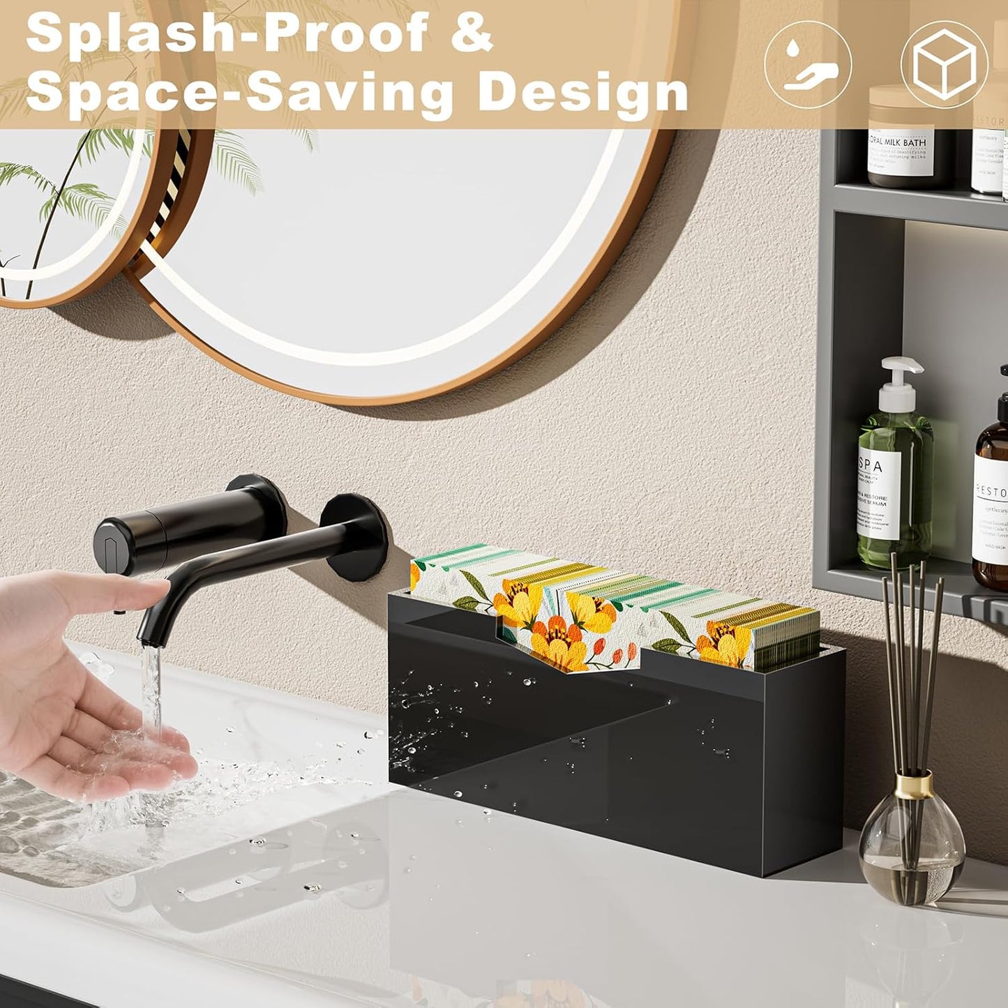 HELPLEX Black Acrylic Guest Towel & Napkin Holder - Waterproof Splash-Proof Vertical Design for Bathroom, Kitchen, Dining Table - Home Hotel Office Organizer (2-Pack)