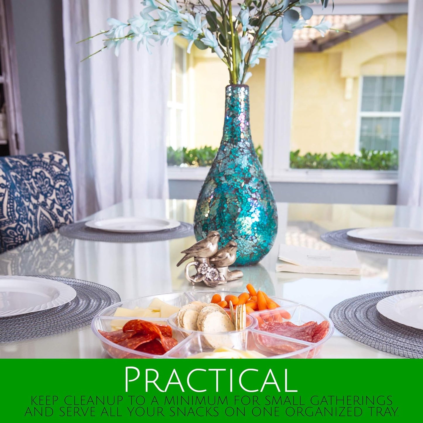 Plasticpro 6 Sectional Round Plastic Serving Tray/Platters Clear Pack of 8