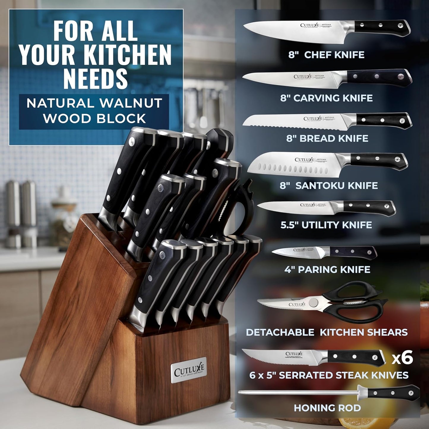 Cutluxe 15-Piece Knife Set – Premium Walnut Wood Block – Knife Set for Kitchen, Ultra Sharp High Carbon German Stainless Steel, Full Tang – Artisan Series