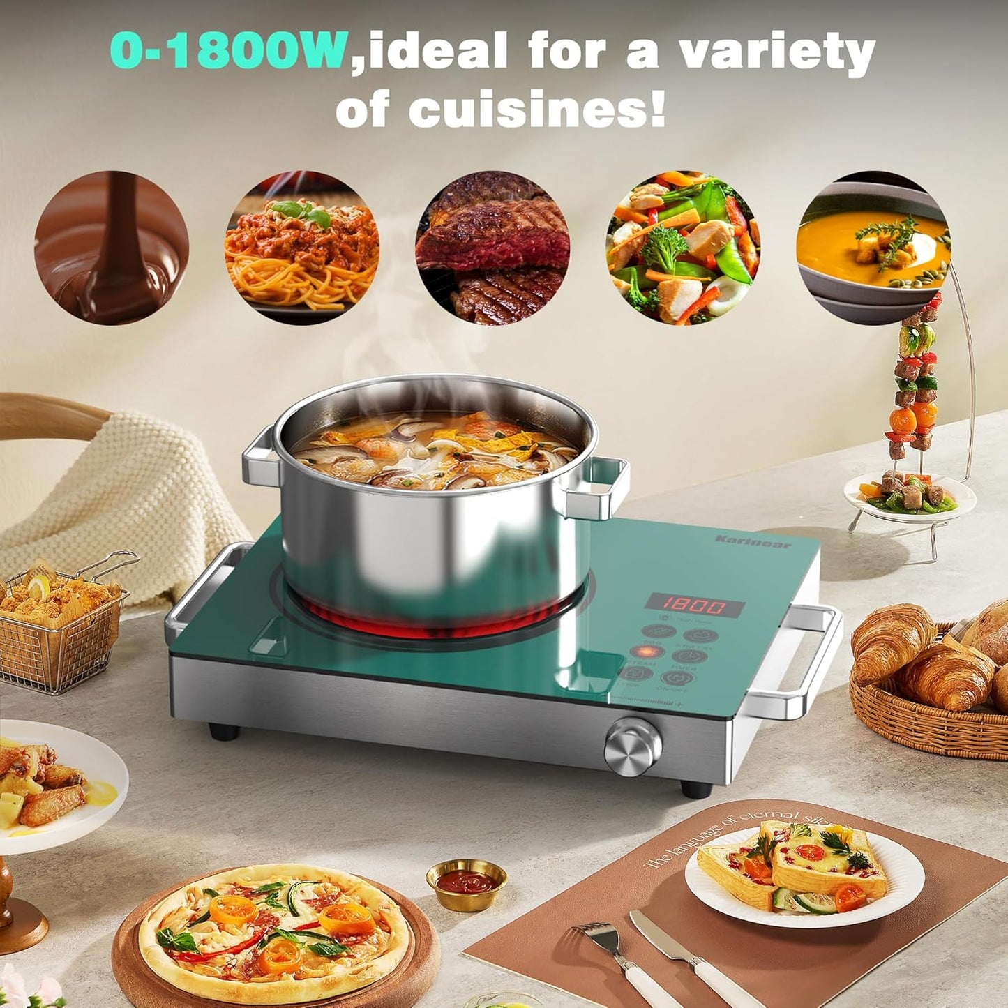 Karinear Portable Electric Stove 110V, 1800W Electric Hot Plate with Handle, Knob Control Single Burner Electri Cooktop, Ceramic Infrared Countertop Burner, Timer, Safety Lock(Green)