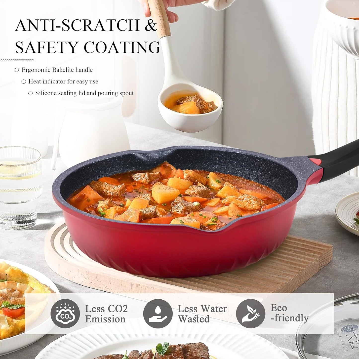 Vinchef Nonstick Skillet with Lid, 11In/5Qt Aluminum Deep Frying Pan with Lid and Heat Indicator, Anti Scratch and Anti Stain Deep Saute Pan, Induction Compatible